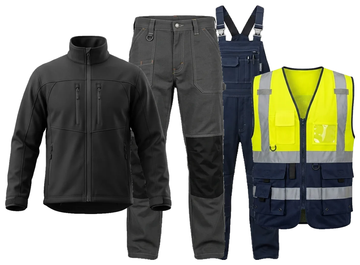 DN workwear range: softshell jacket, work trousers, bib and brace overall and hi-vis vest