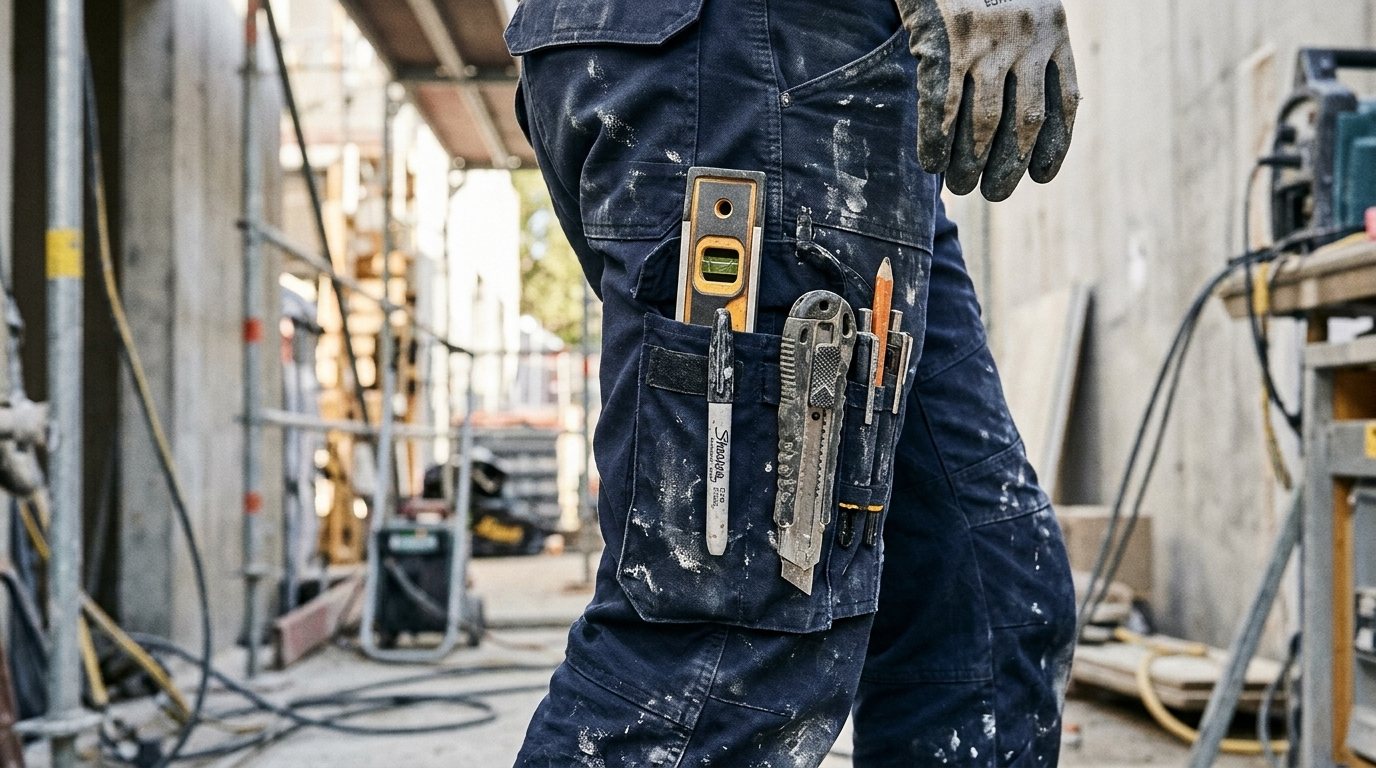 Hand tools carried in the cargo pockets of navy work trousers