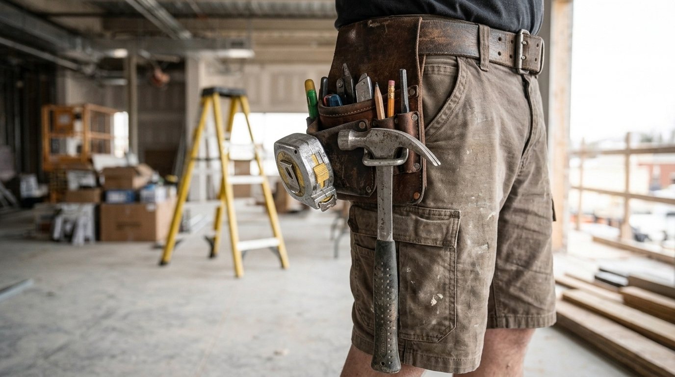 Carpenter with a hammer and tape measure in his work trouser pockets