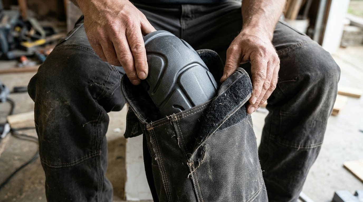 Worker fitting a knee-pad insert into work trousers