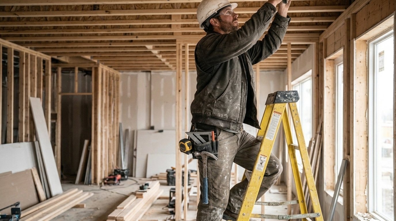 Carpenter in work trousers and a tool belt on a stepladder