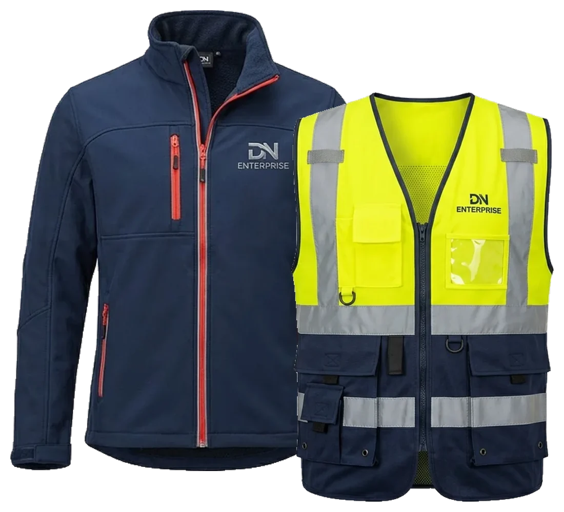 Navy softshell jacket and hi-vis vest with a DN Enterprise logo